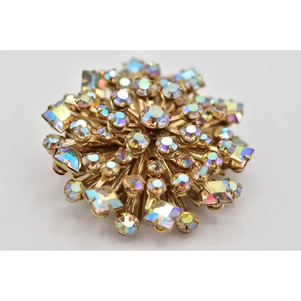 Vintage Crystal Starburst Flower Pin Brooch Aurora Borealis Rhinestone 60s BinBI